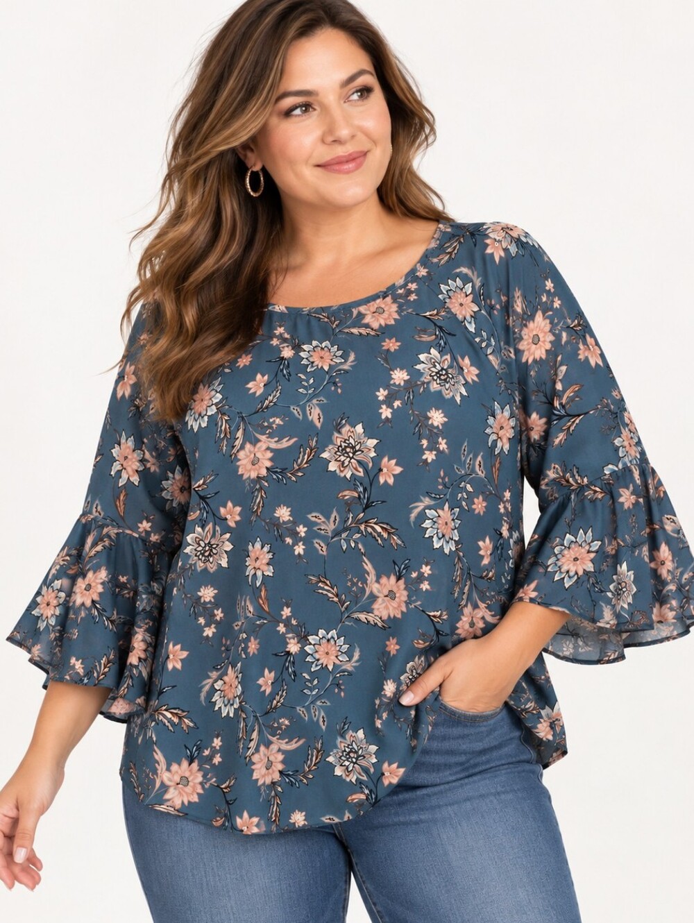 Papermoon XXL Blue Floral Bell Sleeve Blouse Boho Romantic Top